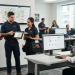 Representação gráfica de uma equipe técnica organizada, com profissionais usando tablets para gerenciar ordens de serviço, ao