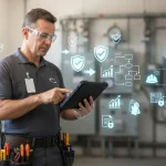 Imagem de um técnico usando tablet para acompanhar ordens de serviço em campo, com gráficos e ícones de conformidade normativ