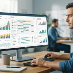Imagem de uma tela de computador exibindo um painel integrado com gráficos de produtividade, agenda, ordens de serviço e cont