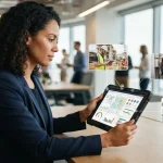 Ilustração de um gestor acompanhando via tablet equipes de técnicos em campo, com ícones de ordens de serviço, agenda e finan