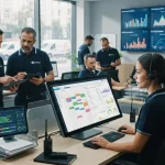 Representação visual de um sistema digital integrando agendamento e manutenção preventiva em uma empresa prestadora de serviç