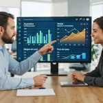 Imagem ilustrativa de painel financeiro integrado mostrando gráficos de orçamentos e vendas conectados em sistema de gestão