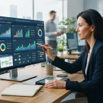 Representação visual de um dashboard digital integrando ordens de serviço e controle financeiro em uma empresa de prestação d