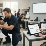 Ilustração comparativa mostrando trabalhadores usando ferramentas manuais ao lado de telas digitais com gráficos e ordens de