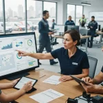 Ilustração de um painel financeiro automatizado com gráficos, integração de sistemas e equipes técnicas em ação coordenada pa