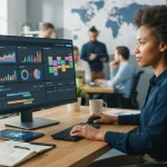 Imagem ilustrativa de um dashboard financeiro integrado a um sistema de gestão de ordens de serviço, com gráficos e agenda vi
