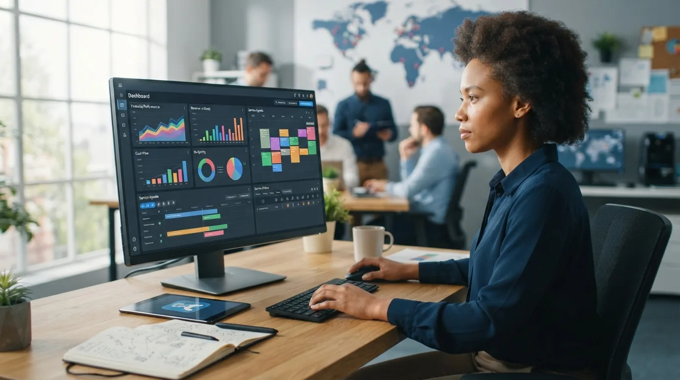 Imagem ilustrativa de um dashboard financeiro integrado a um sistema de gestão de ordens de serviço, com gráficos e agenda vi