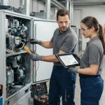 Equipe técnica realizando manutenção preventiva em equipamentos com controle digital em tela de sistema de gestão