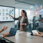Representação visual da integração entre departamentos de Marketing, Vendas e sistemas de gestão em empresa de serviços, com