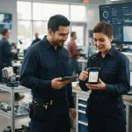 Equipe técnica utilizando dispositivo móvel para gerenciar ordens de serviço recorrentes em ambiente corporativo