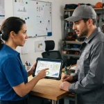 Imagem ilustrativa de uma prestadora de serviços utilizando um sistema digital em tablet para gerenciar ordens de serviço e e
