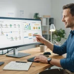 Ilustração de um gestor organizando contratos recorrentes em um computador, com gráficos de satisfação do cliente e fluxos de