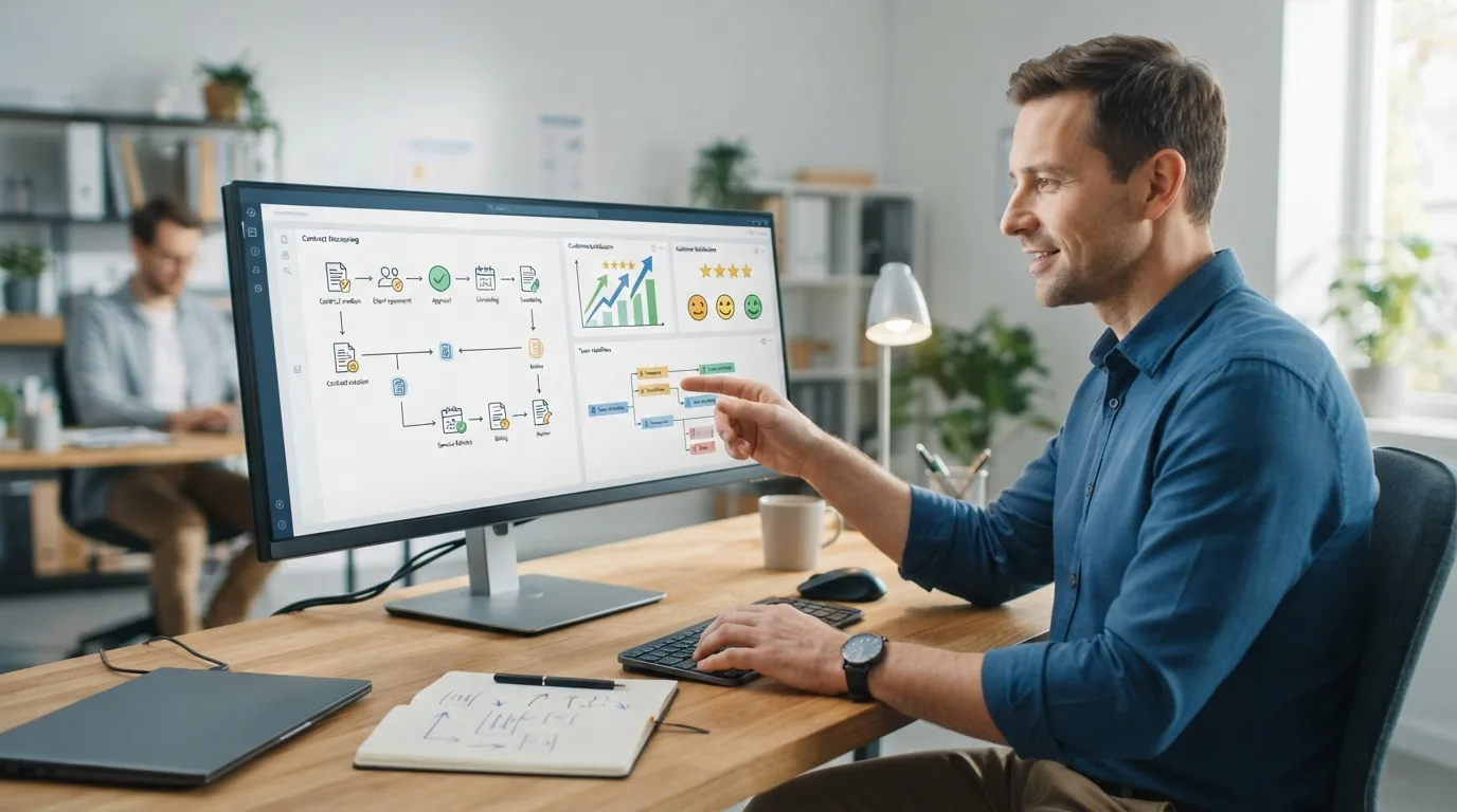 Ilustração de um gestor organizando contratos recorrentes em um computador, com gráficos de satisfação do cliente e fluxos de