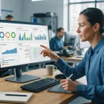 Tela de sistema de gestão mostrando uma ordem de serviço preenchida com dados detalhados, gráficos e monitoramento em tempo r