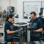 Equipe técnica realizando manutenção preventiva em equipamentos, com computador mostrando dashboard de ordens de serviço e gr
