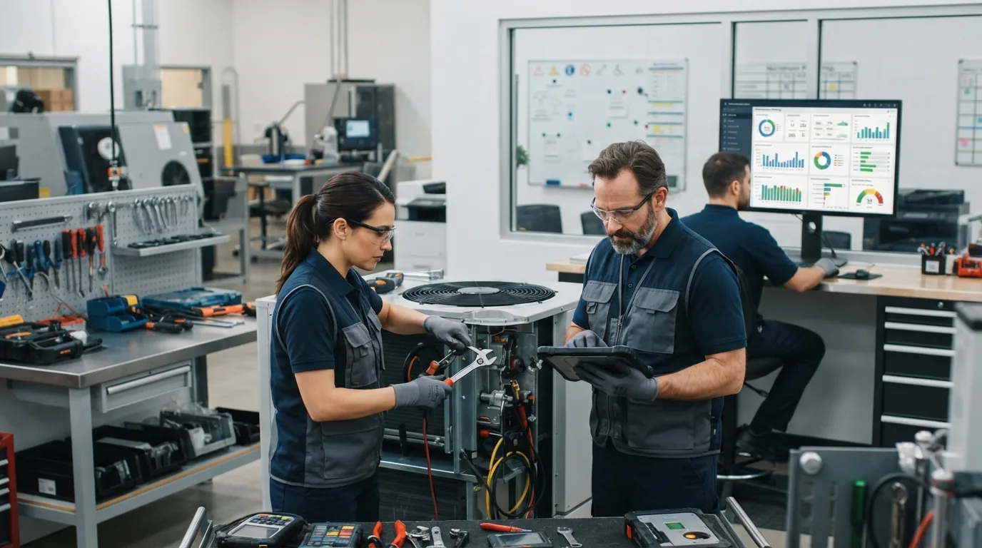 Equipe técnica realizando manutenção preventiva em equipamentos, com computador mostrando dashboard de ordens de serviço e gr