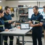 Ilustração de equipe técnica recebendo treinamento de Segurança do Trabalho com uso de tablet e aplicativo para gestão integr