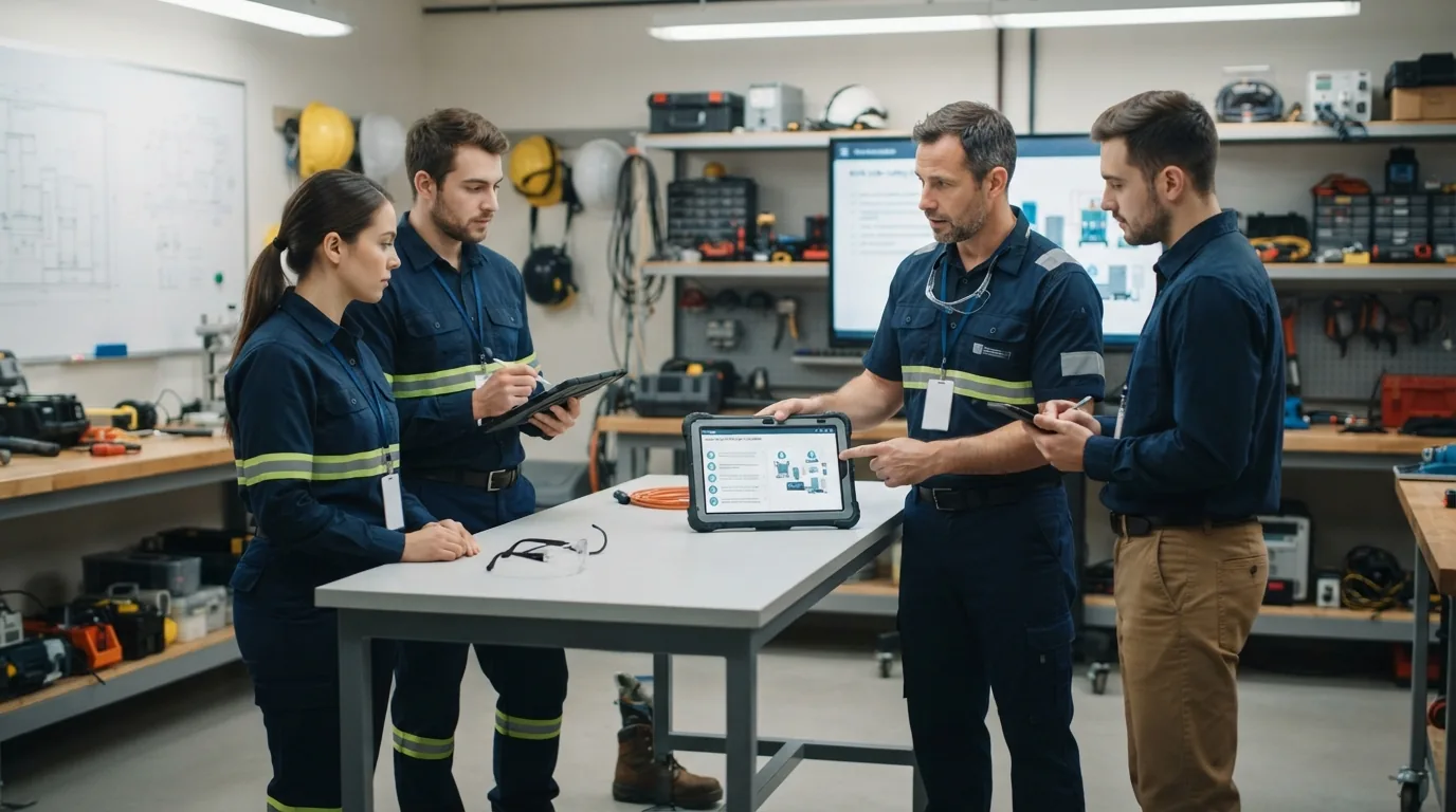 Ilustração de equipe técnica recebendo treinamento de Segurança do Trabalho com uso de tablet e aplicativo para gestão integr