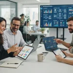 Representação visual de uma equipe de serviços utilizando um sistema digital para controle financeiro e ordens de serviço em