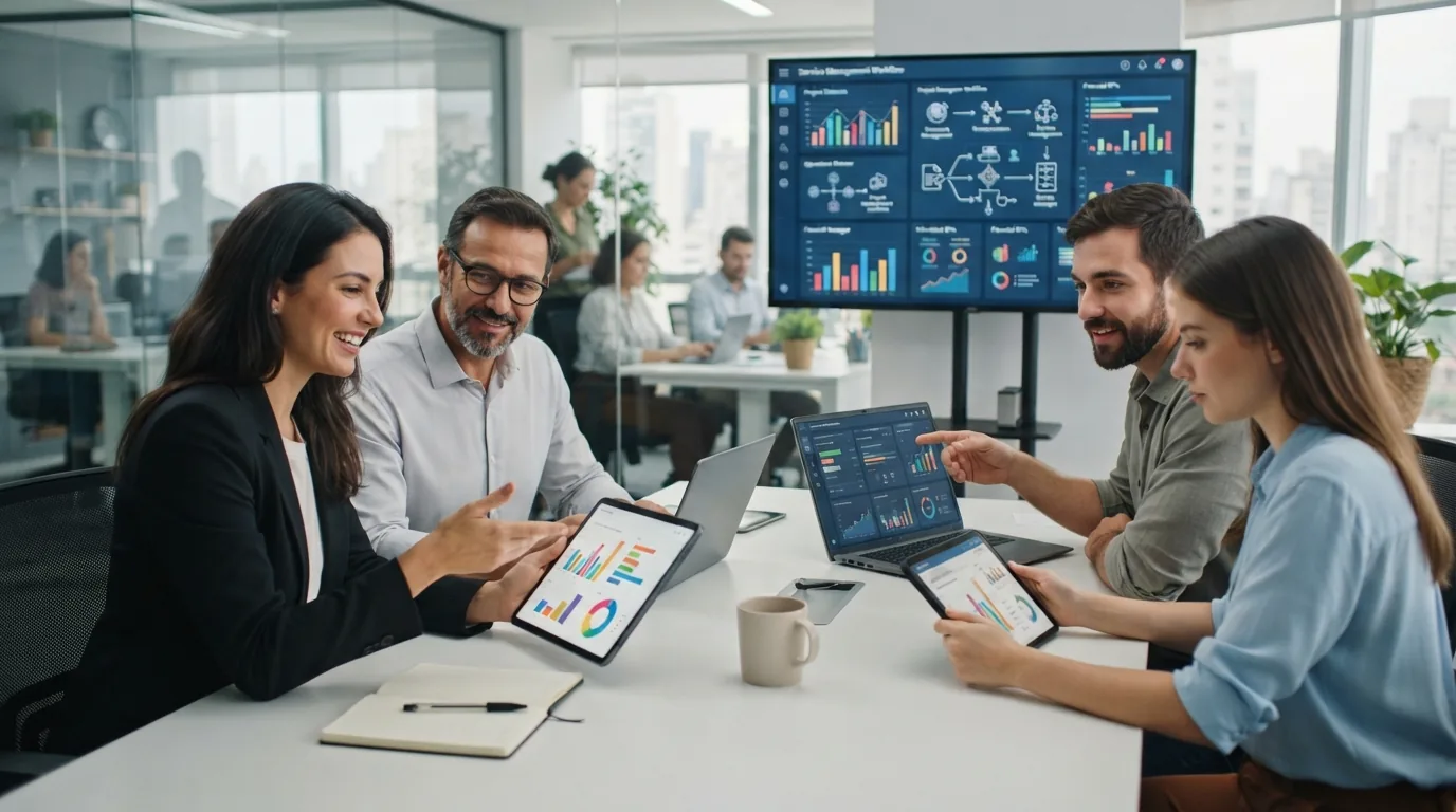 Representação visual de uma equipe de serviços utilizando um sistema digital para controle financeiro e ordens de serviço em