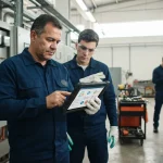 Equipe técnica utilizando aplicativos de gestão digital para seguir normas e procedimentos em campo