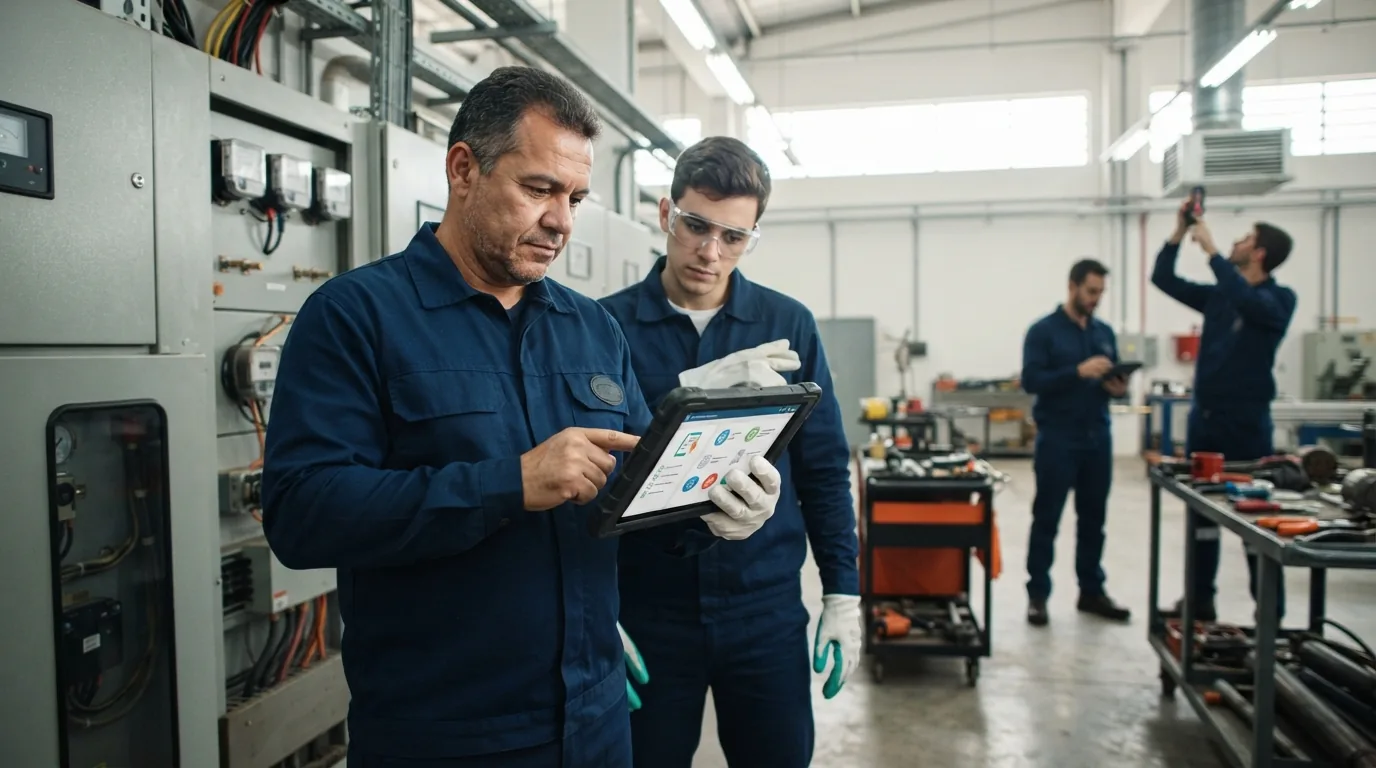 Equipe técnica utilizando aplicativos de gestão digital para seguir normas e procedimentos em campo