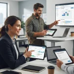 Imagem ilustrativa mostrando integração entre equipe técnica, dashboard financeiro e contratos digitais em ambiente corporati