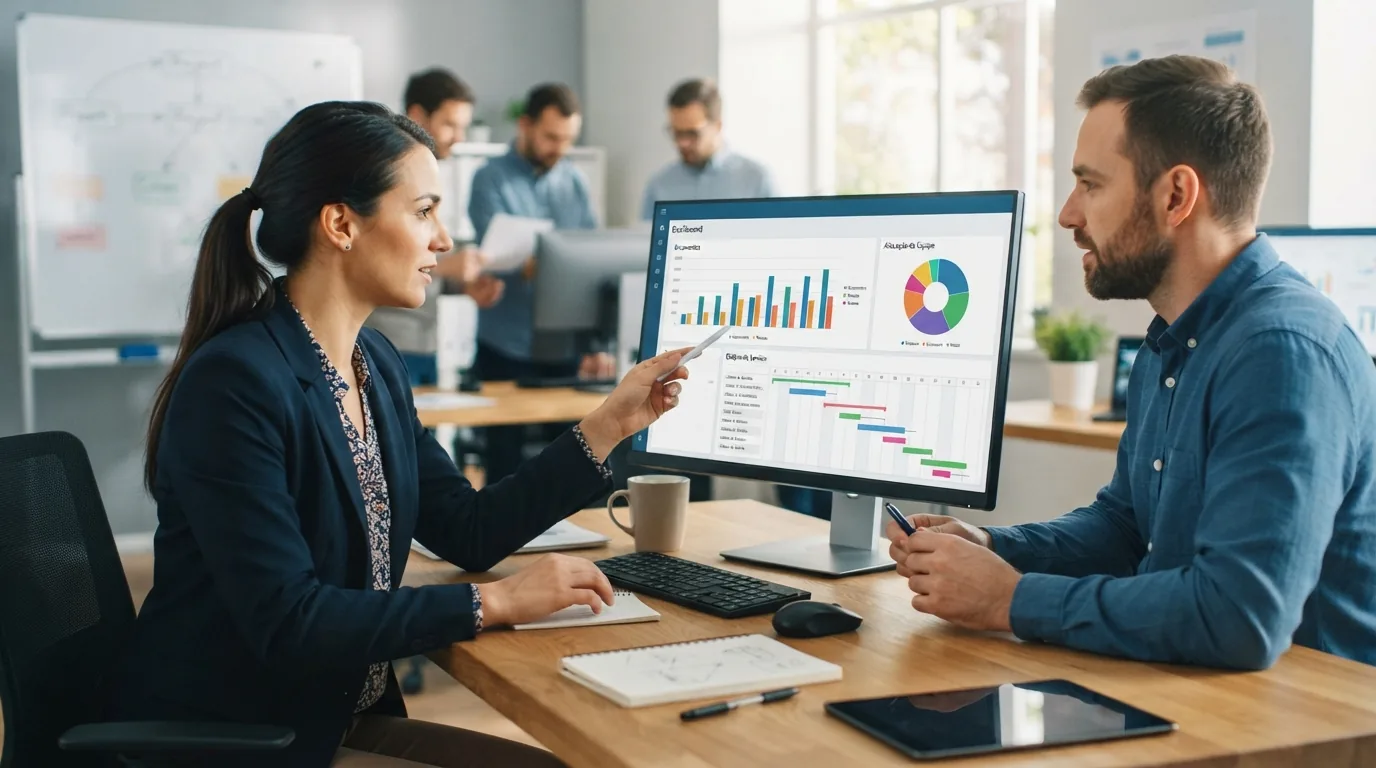 Tela do sistema Ordemio mostrando dashboard com gráficos de orçamentos, agenda e equipes organizadas