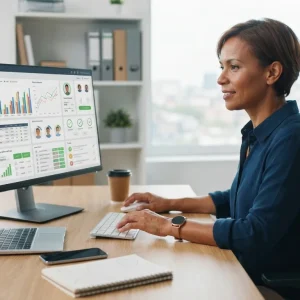 Imagem ilustrativa mostrando um profissional usando sistema digital para atendimento ao cliente integrado à gestão financeira