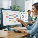 Tela do sistema Ordemio mostrando integração entre atendimento ao cliente, agenda e controle de orçamentos com gráficos e age