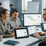 Representação visual de uma equipe de serviço utilizando um sistema integrado de gestão em tablets e computadores, mostrando