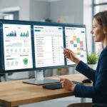 Ilustração de uma interface digital unificada mostrando dashboard financeiro, ordens de serviço e agenda de equipe técnica, s