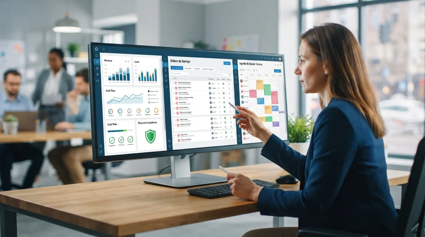Ilustração de uma interface digital unificada mostrando dashboard financeiro, ordens de serviço e agenda de equipe técnica, s