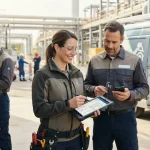 Ilustração de uma equipe técnica em campo utilizando dispositivos móveis conectados a um sistema digital integrado para gestã
