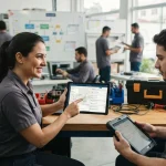 Ilustração mostrando equipe técnica utilizando tablet com sistema de ordem de serviço para organizar tarefas e comunicação ef
