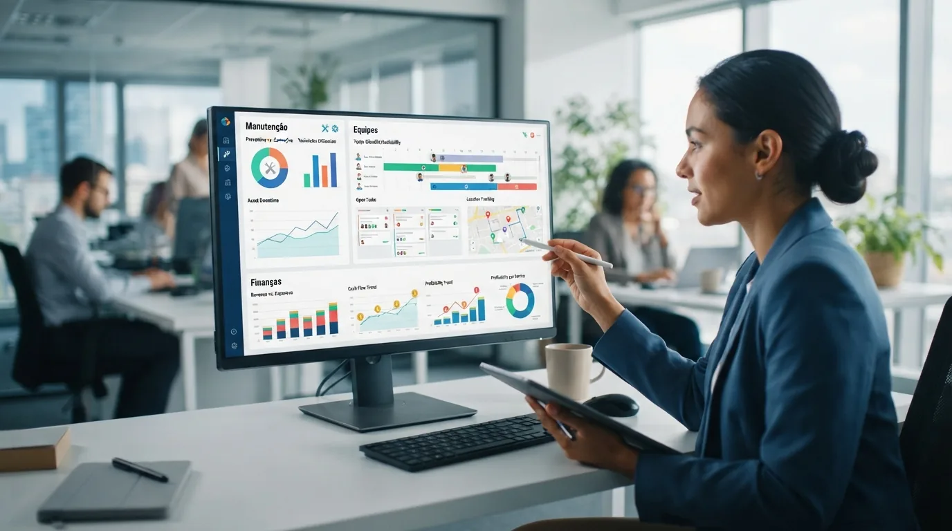 Imagem ilustrativa mostrando uma tela de dashboard integrada com gráficos de manutenção, equipes e finanças em uma empresa pr