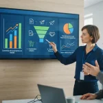 Imagem ilustrativa de dashboard digital com gráficos de desempenho e orçamentos em tela de sistema de gestão de ordens de ser