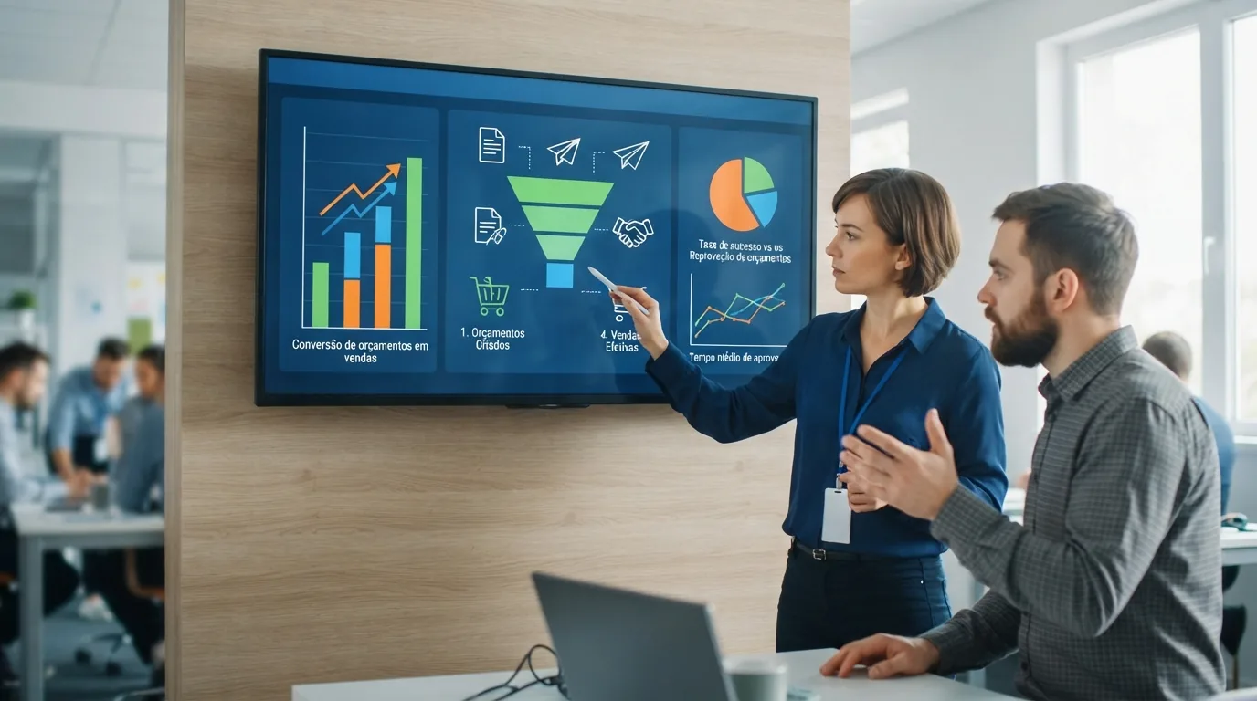 Imagem ilustrativa de dashboard digital com gráficos de desempenho e orçamentos em tela de sistema de gestão de ordens de ser