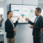 Ilustração de um dashboard digital integrando equipes de marketing, vendas e gestão de ordens de serviço em uma empresa prest