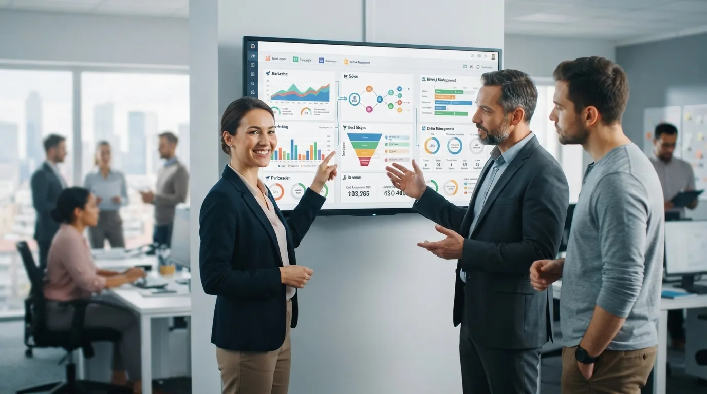Ilustração de um dashboard digital integrando equipes de marketing, vendas e gestão de ordens de serviço em uma empresa prest