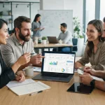 Equipe de profissionais discutindo em uma mesa, com laptop exibindo gráficos e software de gestão de ordens de serviço na tel
