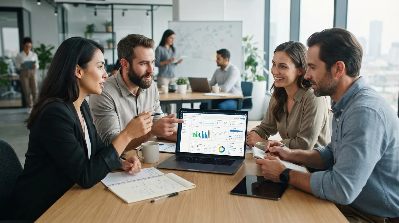 Equipe de profissionais discutindo em uma mesa, com laptop exibindo gráficos e software de gestão de ordens de serviço na tel