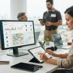 Ilustração de um sistema digital integrando equipes técnicas e clientes através da gestão de ordens de serviço, com gráficos