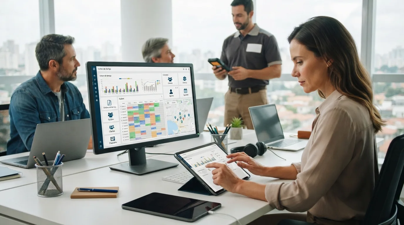 Ilustração de um sistema digital integrando equipes técnicas e clientes através da gestão de ordens de serviço, com gráficos