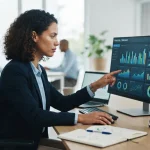 Imagem ilustrativa de um gestor analisando gráficos financeiros em sistema integrado com checklists de conformidade ao lado