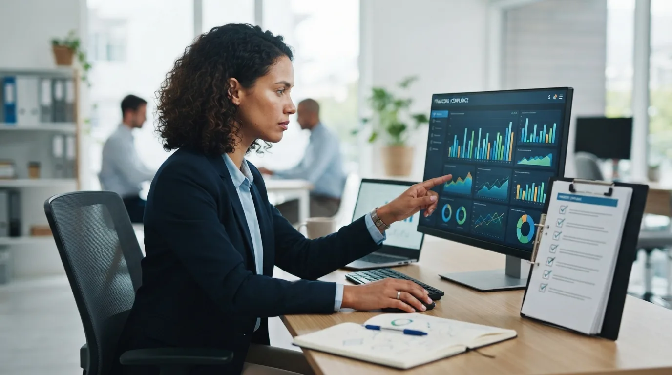 Imagem ilustrativa de um gestor analisando gráficos financeiros em sistema integrado com checklists de conformidade ao lado