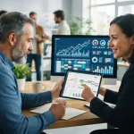 Representação visual de gestores usando sistema de ordens de serviço em tablet, com gráficos de fluxo financeiro e agenda int