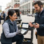 Ilustração de gestores e técnicos em campo utilizando dispositivos móveis integrados a um sistema digital, demonstrando comun