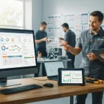 Ilustração de um computador com dashboard do sistema de ordem de serviço, equipes técnicas em ação e ícones representando int