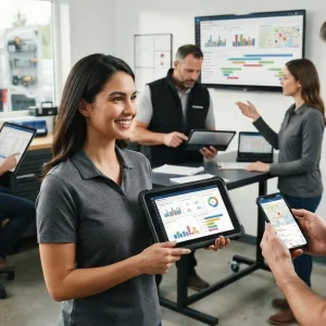 Imagem ilustrativa de profissionais de uma empresa prestadora de serviços utilizando dispositivos móveis conectados a um sist